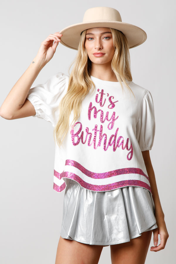 Birthday Girl Puff Sleeve Sequin Top