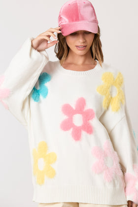 3d Fur Multi Color Floral Loose Fit Sweater