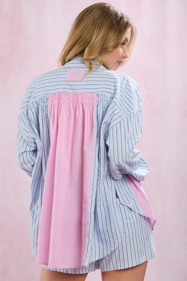 Stripe Mixed Shirring Detail Shirt