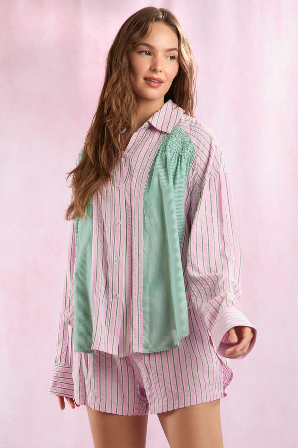 Stripe Mixed Shirring Detail Shirt