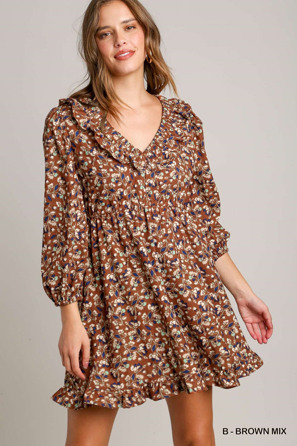 MINI CORDUROY MIXED PRINT DRESS W/ RUFFLE DETAILS