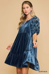 TIERED VELVET DRESS W/LACE CONTRAST DETAIL