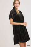 TIERED VELVET DRESS W/LACE CONTRAST DETAIL