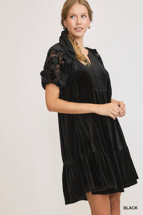 TIERED VELVET DRESS W/LACE CONTRAST DETAIL