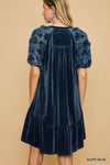 TIERED VELVET DRESS W/LACE CONTRAST DETAIL