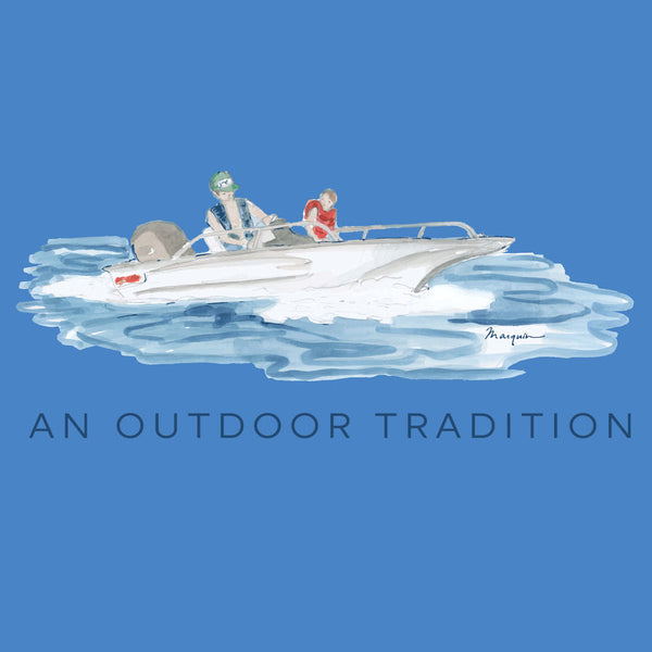 Kids Pro Performance Short Sleeve Fishing T-shirt in Marina Blue with Father Son Fishing Boat