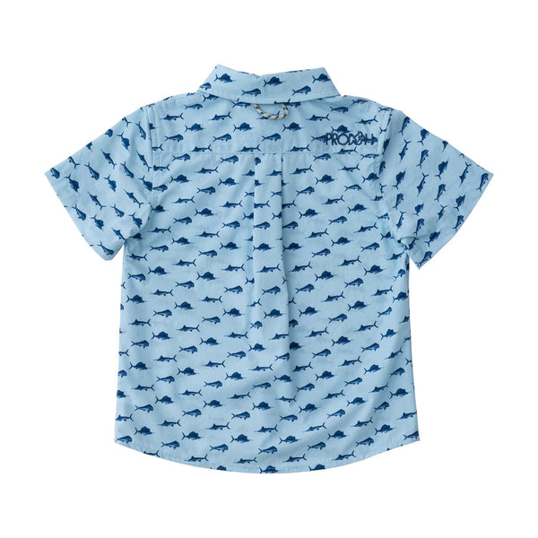 Boys' Short Sleeve Fishing Shirt in Fish Print on Clear Sky Blue