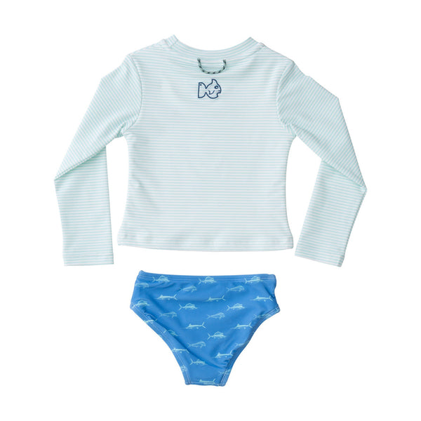 Girls' Reef Rashguard Swim Set in Waterspout Green Stripe and Marina Blue Fish Print