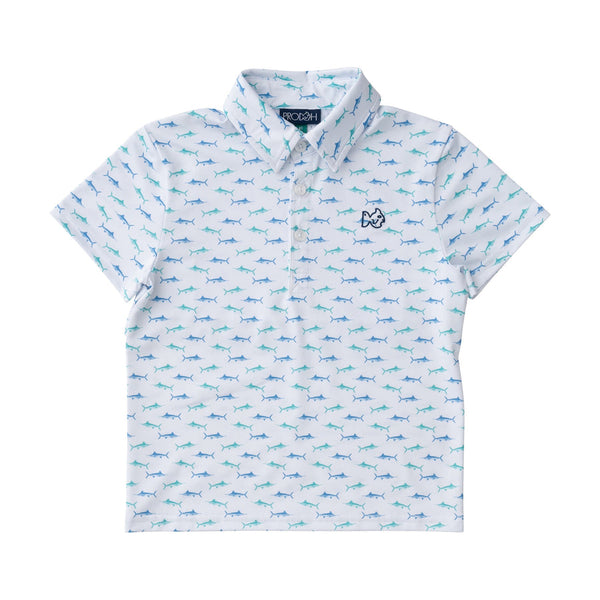 Boys Short Sleeve Pro Performance Polo in Fish Print on White