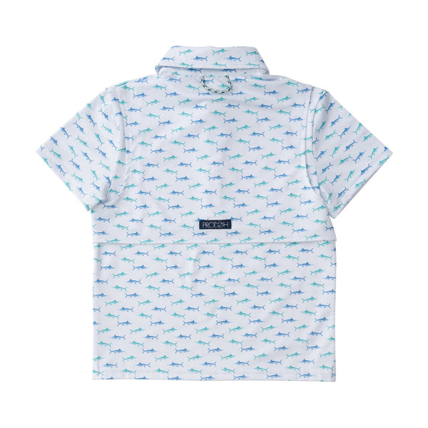 Boys Short Sleeve Pro Performance Polo in Fish Print on White