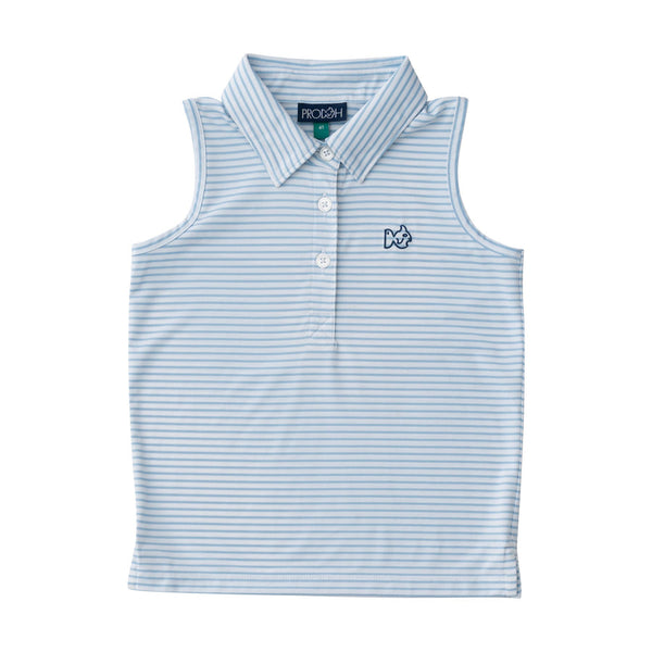 Girls Sleeveless Pro Performance Polo Shirt in Clear Sky Stripe