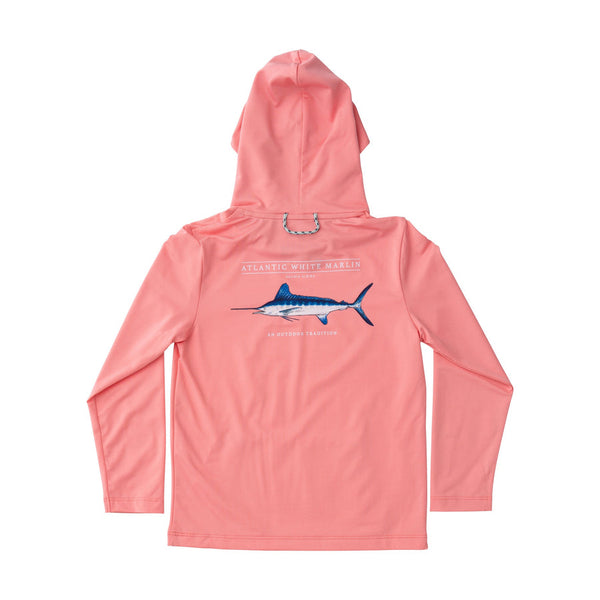 Kids Pro Performance Hoodie Fishing T-shirt in Flamingo Pink White Marlin Fish