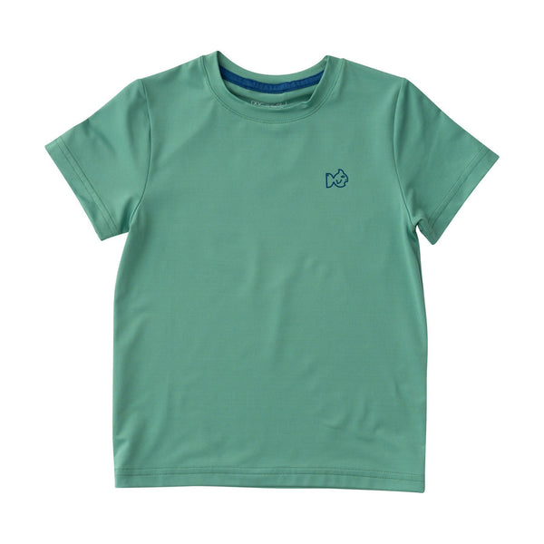 Kids Pro Performance Short Sleeve Fishing T-shirt in Green Spruce Boy and his Lab Puppy
