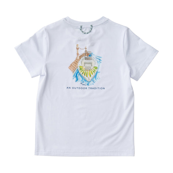 Kids Pro Performance Short Sleeve Fishing T-shirt in Bright White with Mahi Catch of the Day