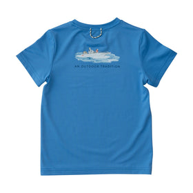 Kids Pro Performance Short Sleeve Fishing T-shirt in Marina Blue with Father Son Fishing Boat