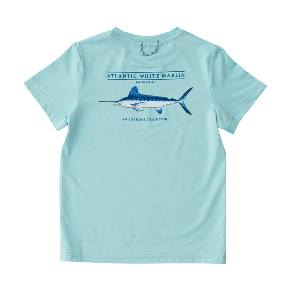 Kids Pro Performance Short Sleeve Fishing T-shirt in Waterspout Blue with White Marlin Fish