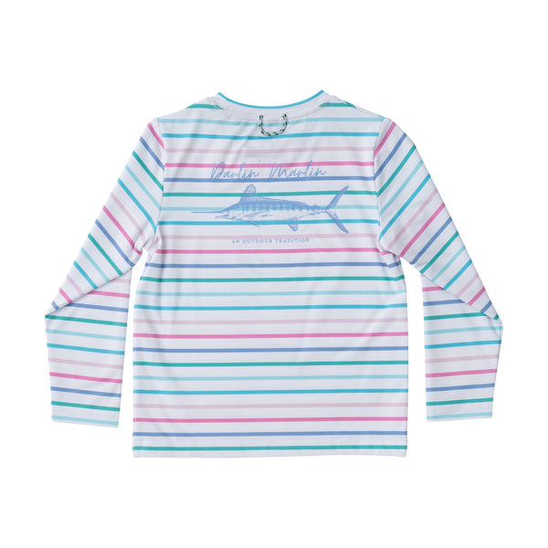 Girls Pro Performance Long Sleeve Fishing T-shirt Fuchsia Pink Multi Color Stripe Darlin Marlin