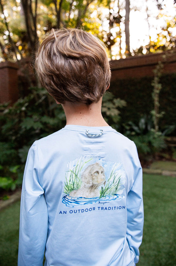 Kids Pro Performance Long Sleeve Fishing T-shirt in Clear Sky Blue Boykin Spaniel