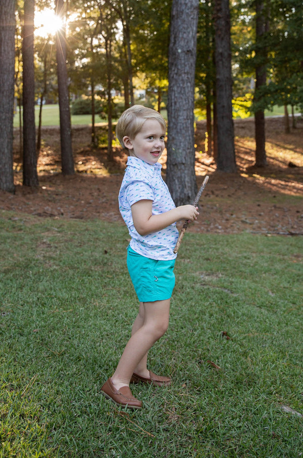 Boys Short Sleeve Pro Performance Polo in Fish Print on White