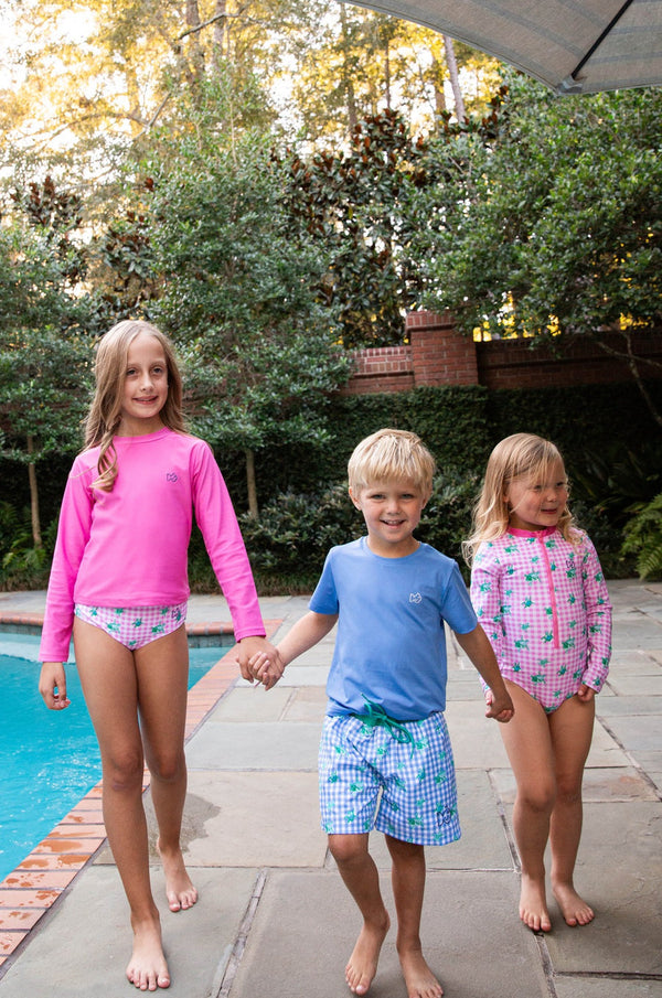 Boys Boogie Board Swim Trunk in Marina Blue Gingham Turtle Print