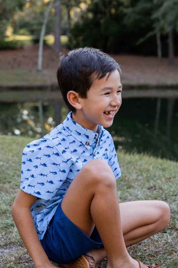 Boys' Short Sleeve Fishing Shirt in Fish Print on Clear Sky Blue