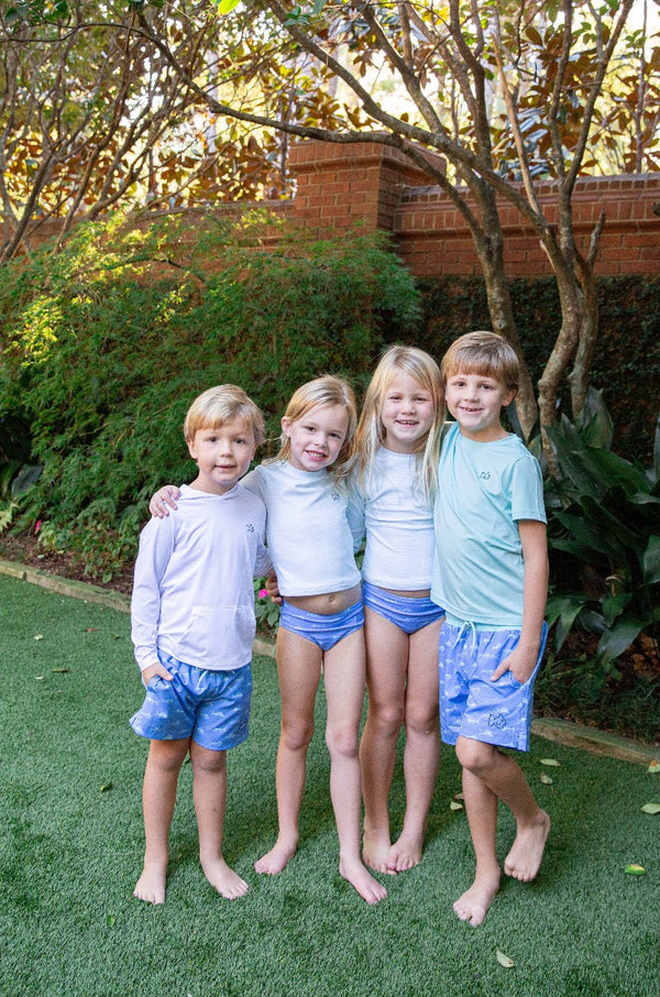 Girls' Reef Rashguard Swim Set in Waterspout Green Stripe and Marina Blue Fish Print