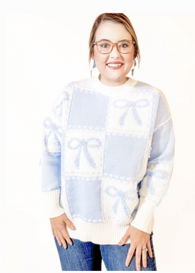 Light Blue Bow Embroidered Sweater