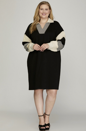 Plus-Color Block V Neck French Terry Dress