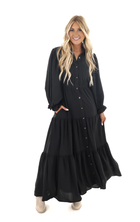 Puff Sleeve Button Down Tiered Woven Maxi Dress