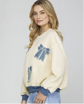 Long Sleeve Sweatshirt with Denim Bow Patches