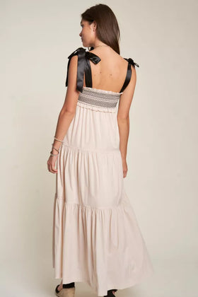SMOCKED BODICE AND BOW TIE STRAPS MAXI DRESS