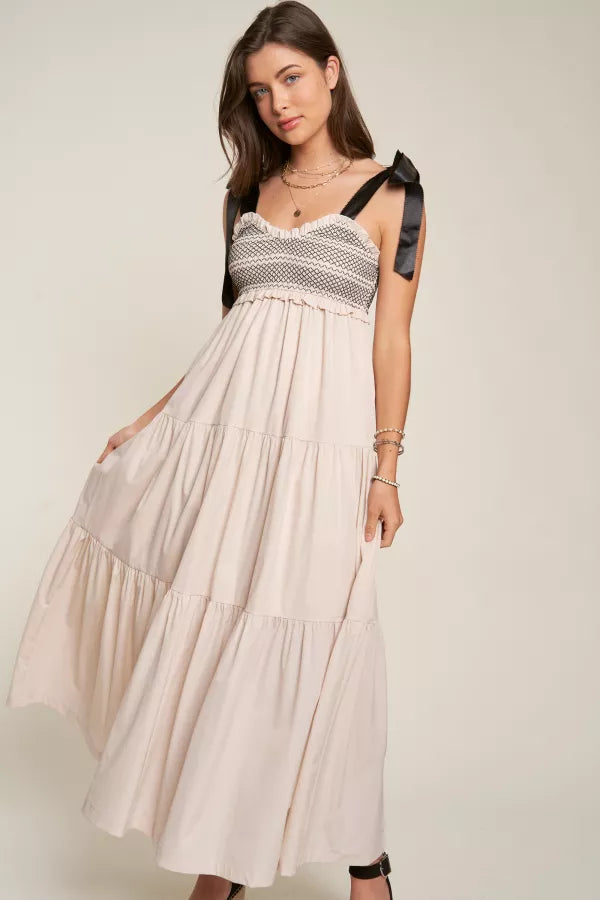 SMOCKED BODICE AND BOW TIE STRAPS MAXI DRESS
