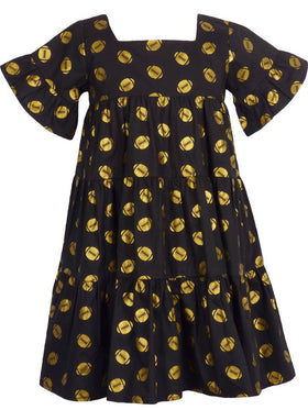 Game Day Tiered Dress with Footballs - Black and Gold