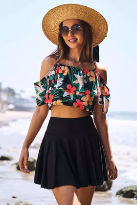 TROPICAL PRINTED OFF SHOULDER TWO PIECE SWIMSUIT