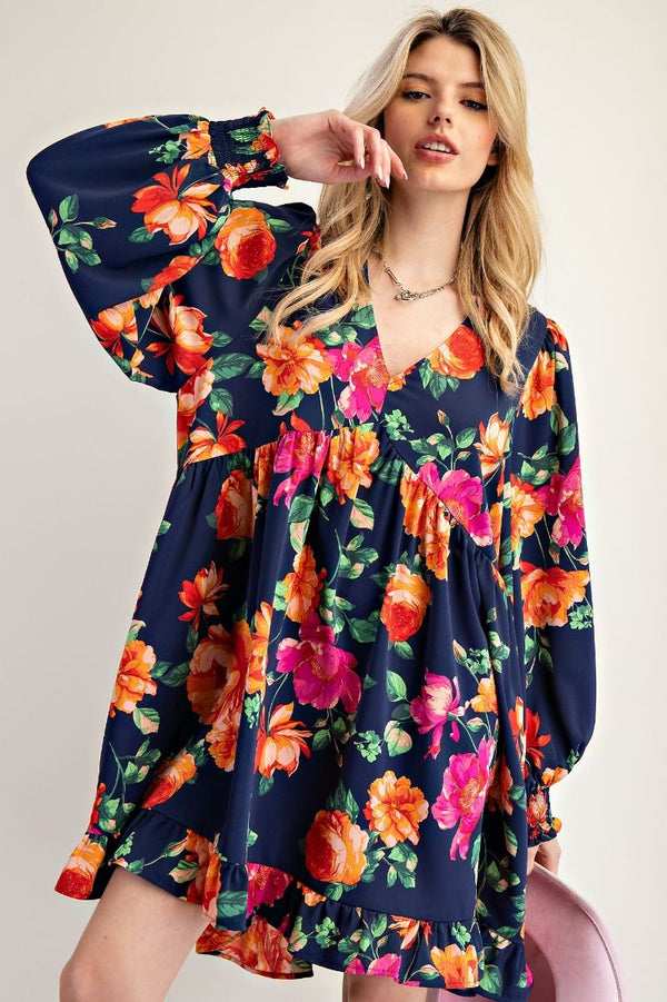 LS PRINTED SOPHIA TWILL RUFFLE BOTTOM WOVEN DRESS