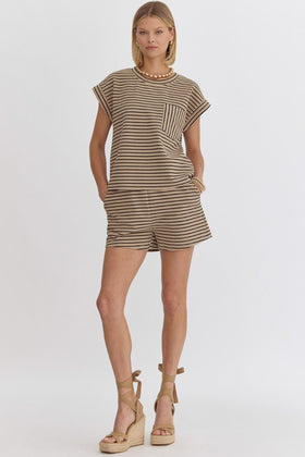 Textured Stripe Short Sleeve Top Featuring Pocket Detail At Bust