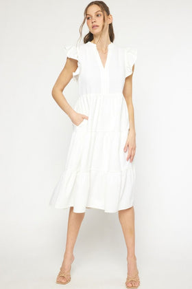 V-neck Short Sleeve Tiered Midi Dress