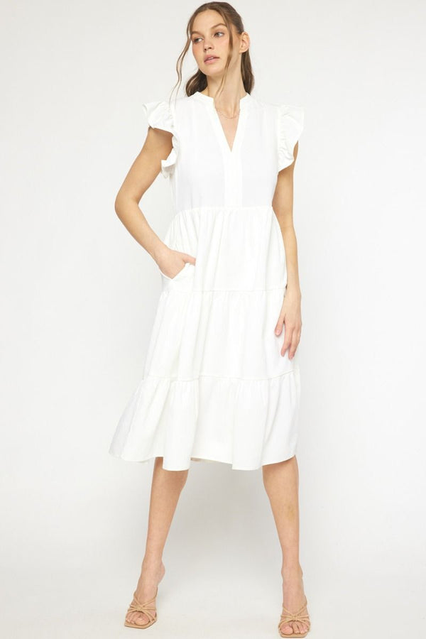 V-neck Short Sleeve Tiered Midi Dress