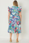 Floral Print V-Neck Ruffle Sleeve Tiered Mini Dress W/Pockets