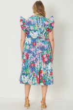 Floral Print V-Neck Ruffle Sleeve Tiered Mini Dress W/Pockets