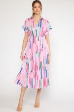 Striped V-Neck Maxi Dress W/Asymmetrical Tiers Permanent rolled cuffs W/Pockets