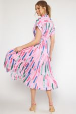 Striped V-Neck Maxi Dress W/Asymmetrical Tiers Permanent rolled cuffs W/Pockets