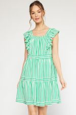 Striped Square Neck Ruffle Sleeve Tiered Mini Dress W/Smocking Along Neckline