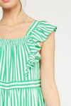 Striped Square Neck Ruffle Sleeve Tiered Mini Dress W/Smocking Along Neckline