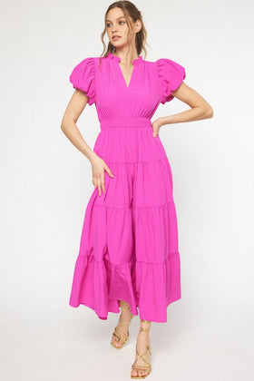 V-Neck Bubble Sleeve Tiered Midi Dress