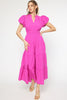V-Neck Bubble Sleeve Tiered Midi Dress
