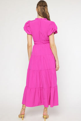 V-Neck Bubble Sleeve Tiered Midi Dress