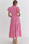 V-Neck Bubble Sleeve Tiered Midi Dress