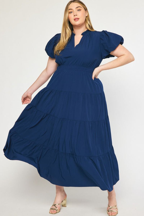 V-Neck Bubble Sleeve Tiered Midi Dress