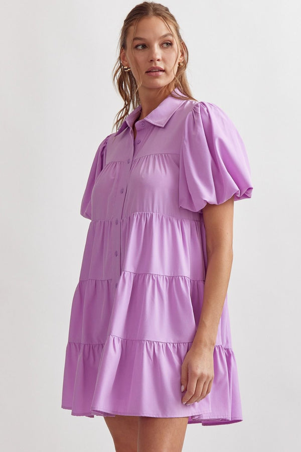 Solid Button Up Tiered Mini Dress W/Puff Sleeves